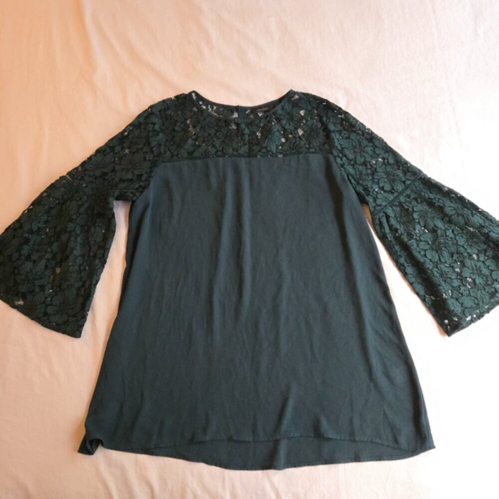 Halogen Dark Emerald Green Lace Bell Sleeve Long Blouse Evening Party Boho - Picture 10 of 10